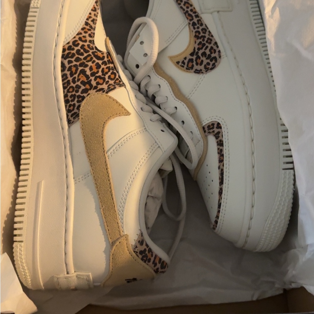 Nike Women's White and Tan Leopard Print Sneakers